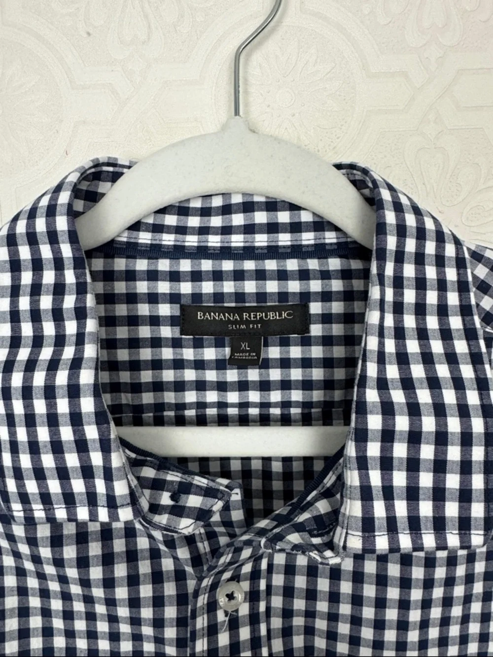 Banana Republic Slim Fit Button Down‎ Shirt Mens XL Blue White Gingham Stretch
